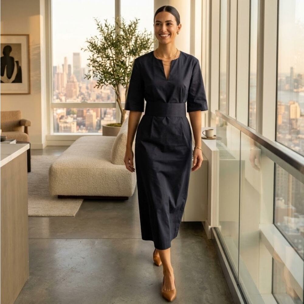 Perserico Cotton Split Neck Shirt Dress Belted Waist Evening Gown Navy Blue